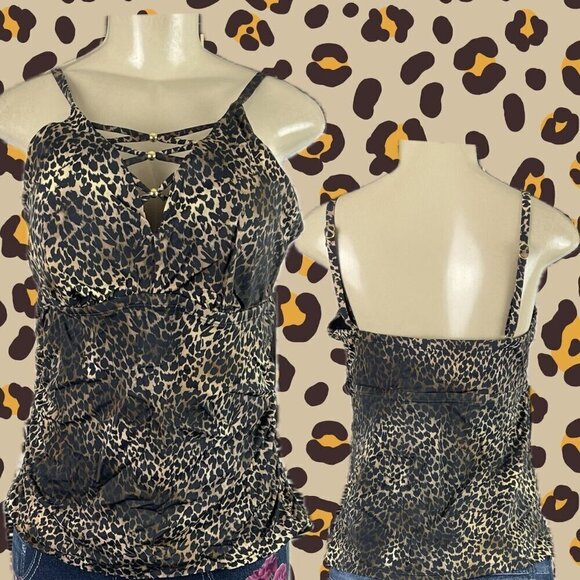 Swimsuits For All 14 Animal Print Caged V- Neckline Ruched Sides Swim Tankini - Picture 1 of 6